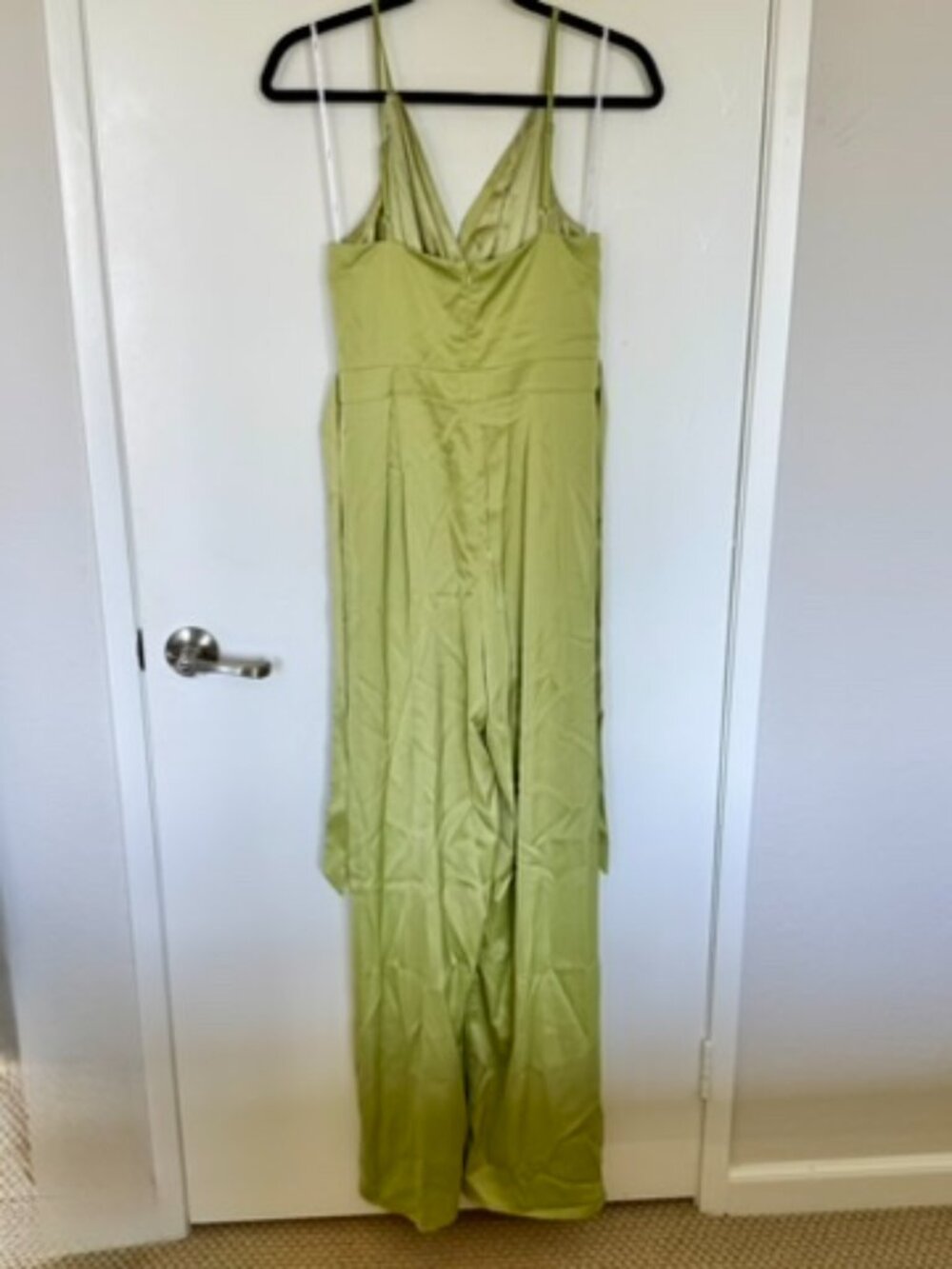 Lulus Chartreuse Satin Surplice Wide-Leg Jumpsuit | Size S - Picture 6 of 7